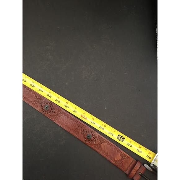 Fossil Tooled Leather Belt Brass buckle Floral Studded women's LARGE hippie boho - Picture 4 of 4